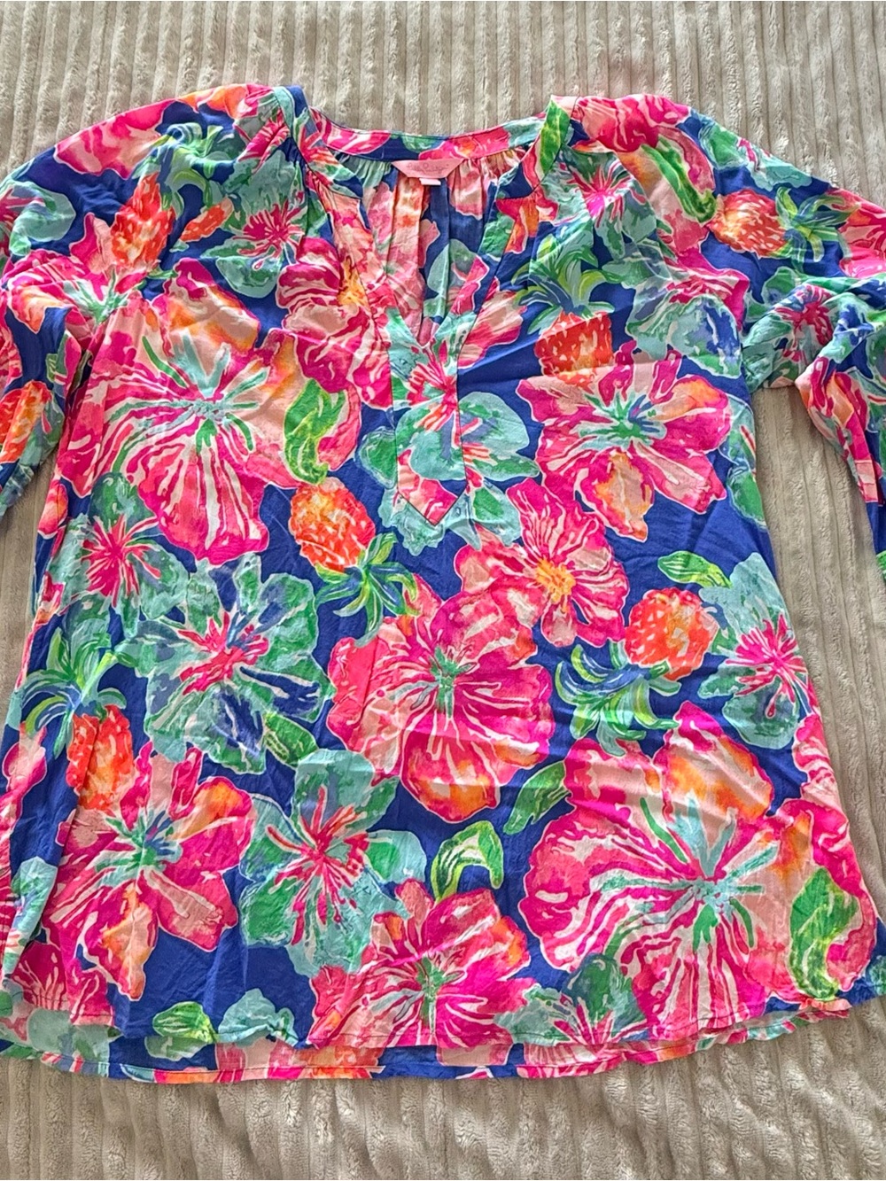 Lilly Pulitzer Blue Floral Split-Neck Tunic with Pink & Green Accents